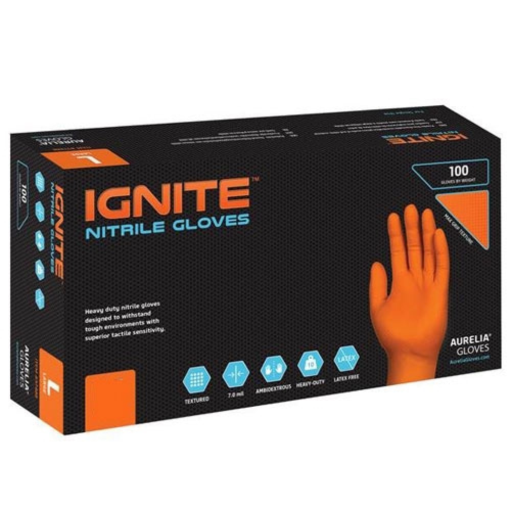 Aurelia IGNITE Heavy Duty Orange Nitrile Examination Gloves - Box of 100 - Medium